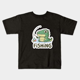 Kawaii Crocodile loves fishing Kids T-Shirt